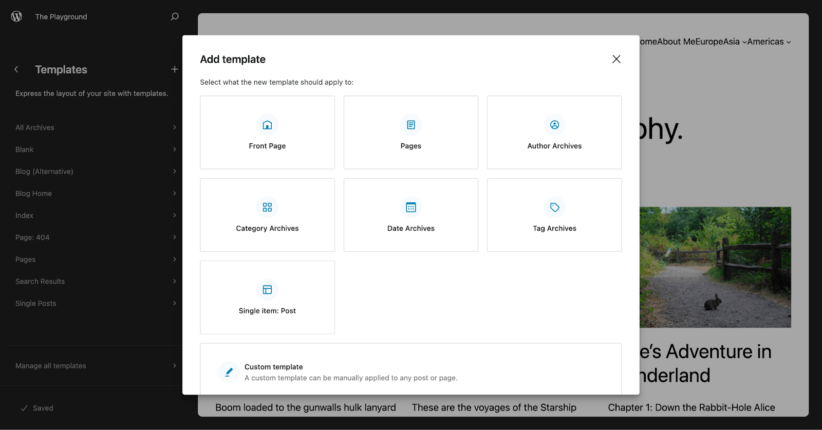 WordPress Add Template modal overlaid the Site Editor.