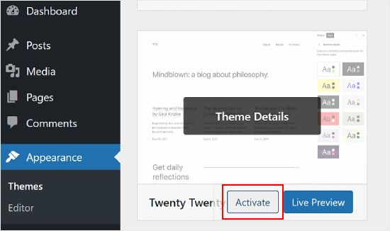 Activating a default WordPress theme