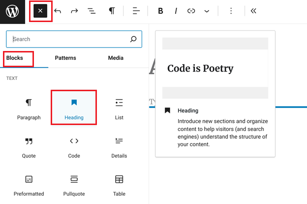 Add Heading Block in Gutenberg Editor