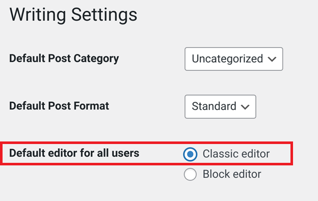 Disable Gutenberg Editor by setting Classic WordPress editor as default