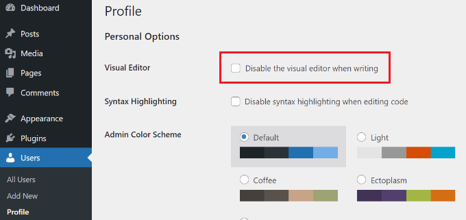 Disable the visual editor when writing