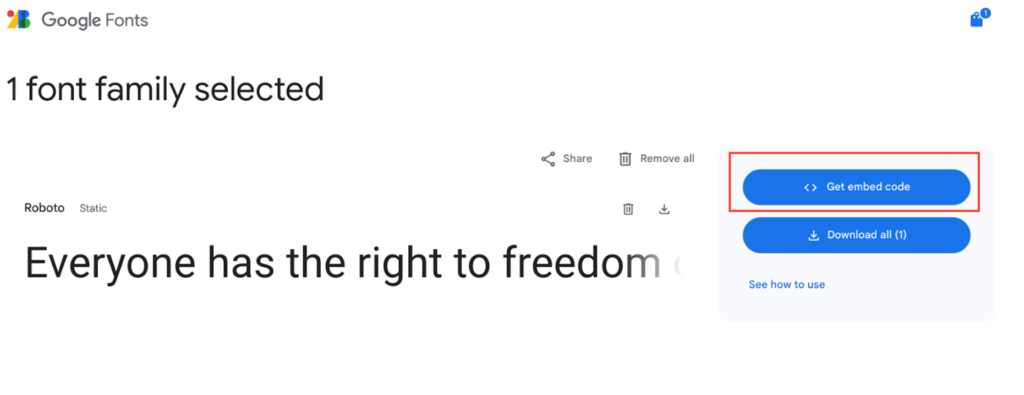 Get embed code for the selected font