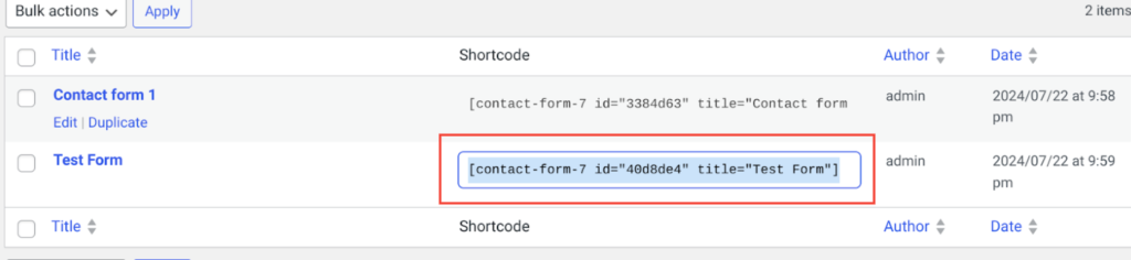 Contact form shortcode