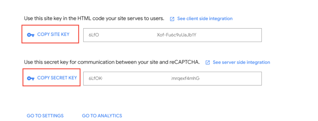 Copy reCAPTCHA API Keys