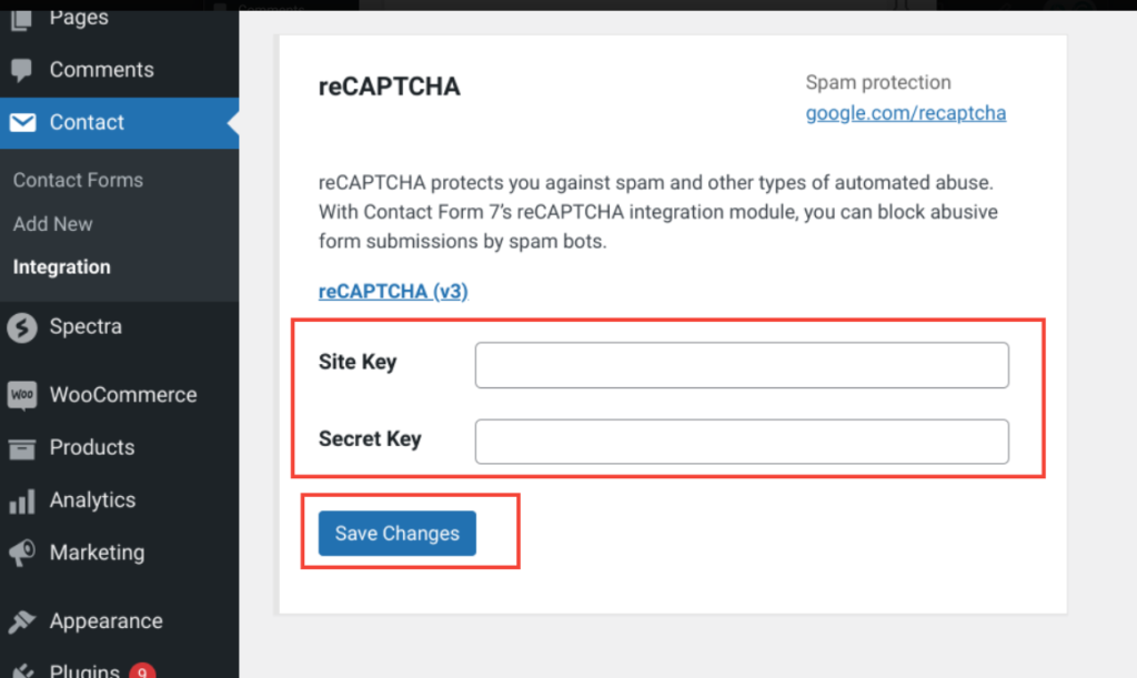 Enter reCAPTCHA API Keys in Contact Form 7