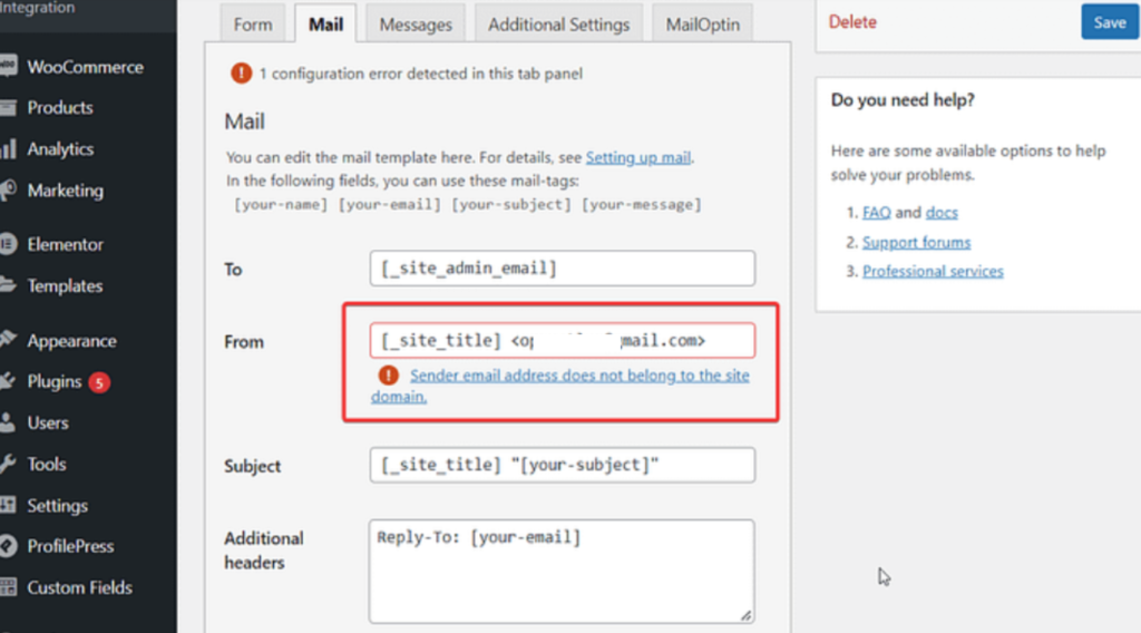 From email settings in Contact Form 7