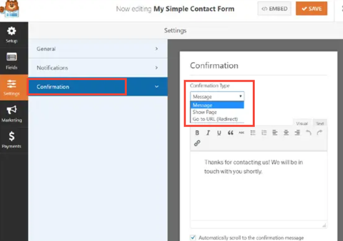 Configure contact form confirmations