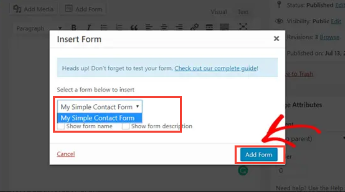 Add form in Classic Editor