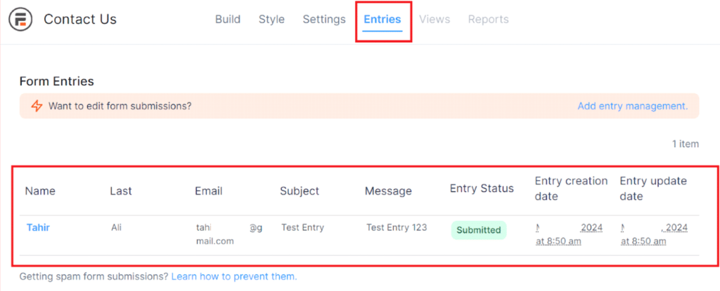 Specific contact form entries