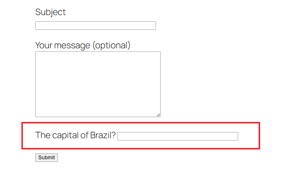 A quiz question in Contact Form 7