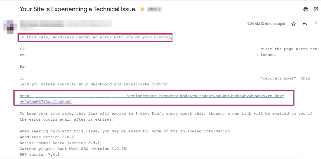 An email about the critical error in WordPress