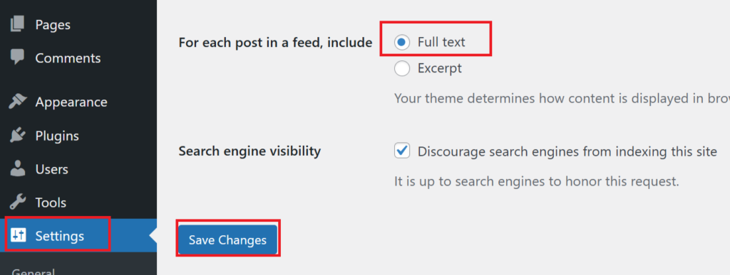 Adjust WordPress Reading Settings